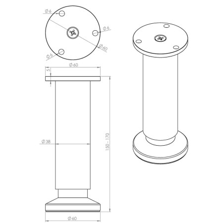 Pied réglable en hauteur 15/17cm aluminium brossé