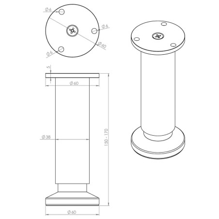 Pied réglable en hauteur 15/17cm aluminium nickelé