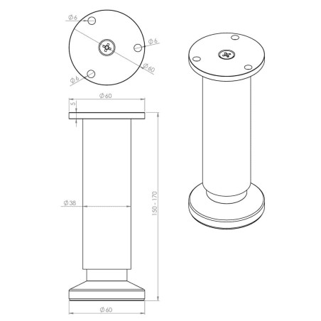 Pied réglable en hauteur 15/17cm aluminium noir