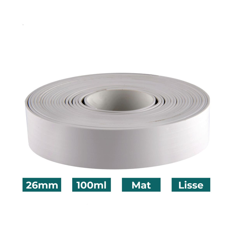 Bande de chant Blanc PVC Non-encollé 26mm x 100ml Mat Lisse