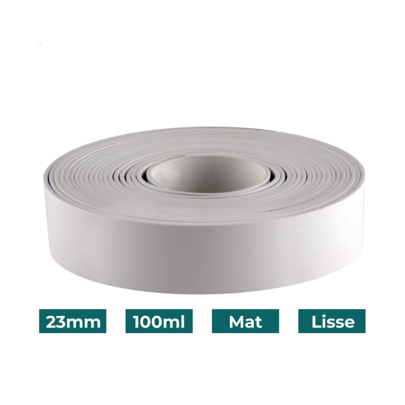Bande de chant Blanc PVC Non-encollé 23mm x 100ml Mat Lisse