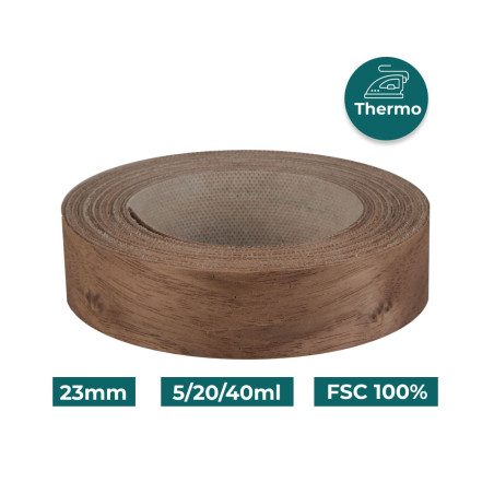 Bande de chant Noyer Bois véritable pré-encollé 23mm