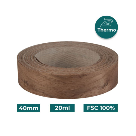 Bande de chant Noyer Bois véritable pré-encollé 40mm x 20ml