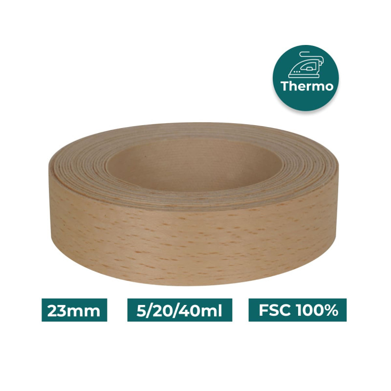 Bande de chant Hêtre Bois véritable pré-encollé 23mm