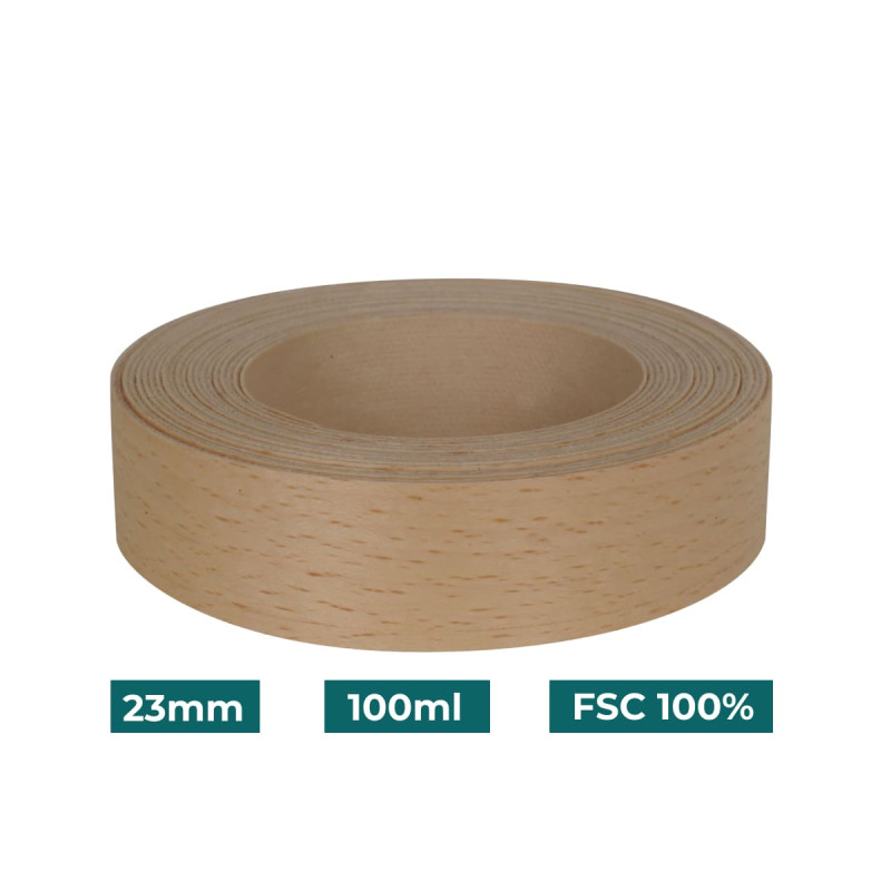 Bande de chant Hêtre Bois véritable non-encollé 23mm x 100ml
