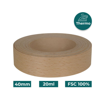 Bande de chant Hêtre Bois véritable pré-encollé 40mm x 20ml