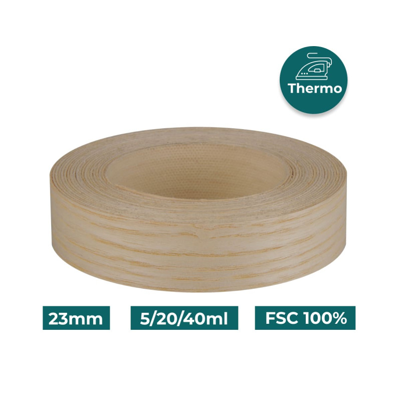 Bande de chant Frêne Bois véritable pré-encollé 23mm x 5ml
