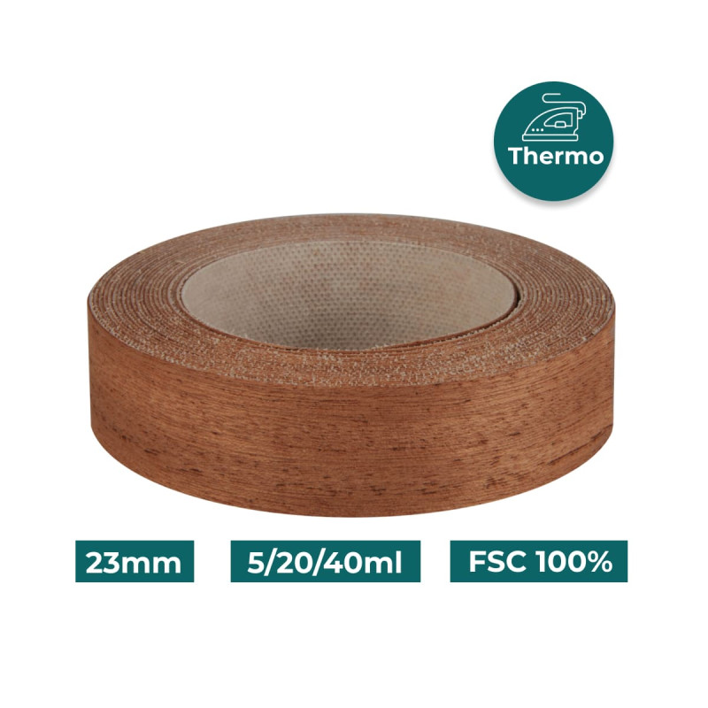 Bande de chant Acajou Bois véritable pré-encollé 23mm