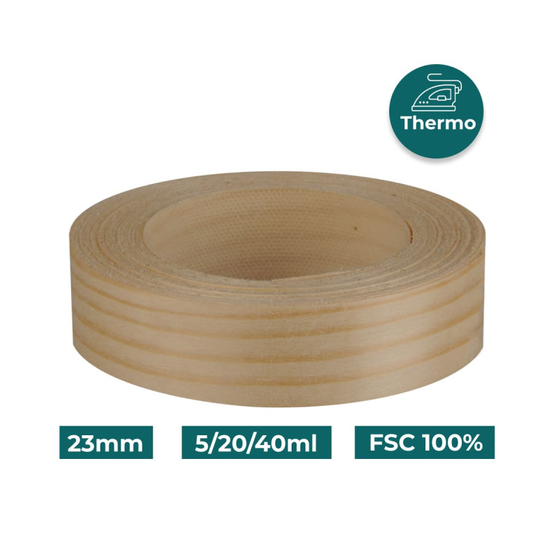 Bande de chant Sapin Bois véritable pré-encollé 23mm