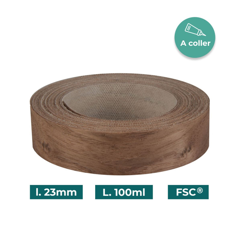 Bande de chant Noyer Bois véritable non-encollé 23mm x 100ml
