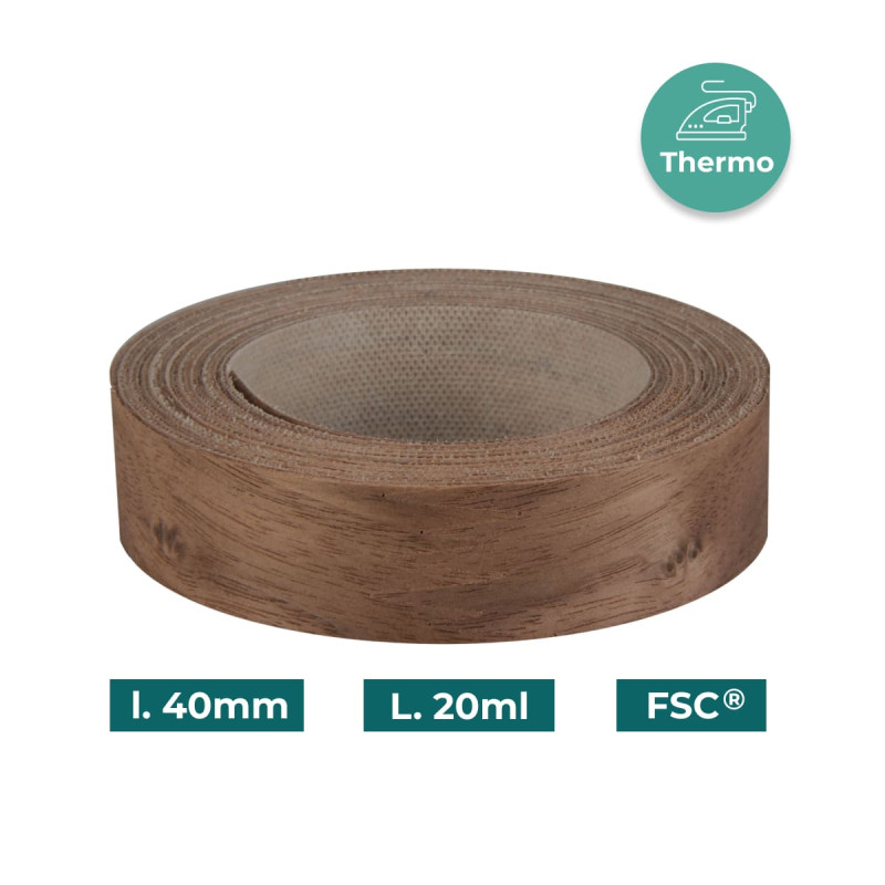 Bande de chant Noyer Bois véritable pré-encollé 40mm x 20ml