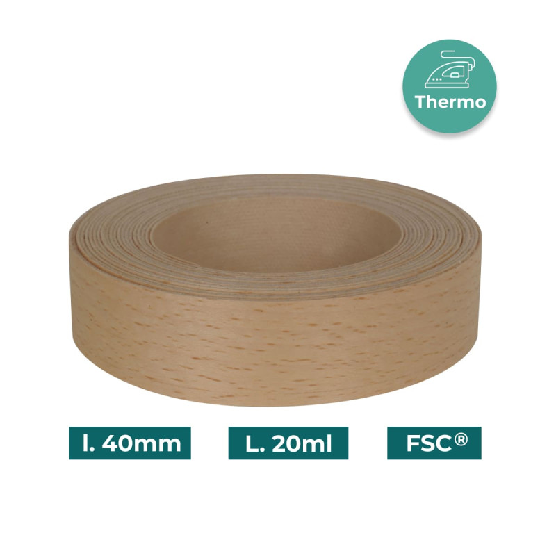 Bande de chant Hêtre Bois véritable pré-encollé 40mm x 20ml
