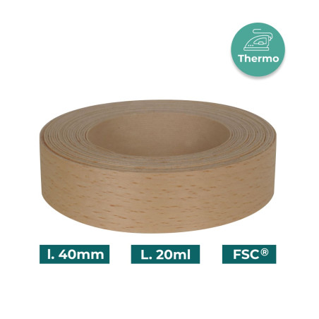 Bande de chant Hêtre Bois véritable pré-encollé 40mm x 20ml