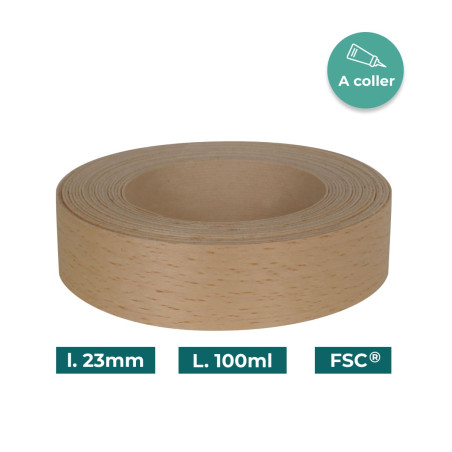 Bande de chant Hêtre Bois véritable non-encollé 23mm x 100ml