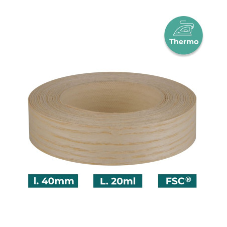 Bande de chant Frêne Bois véritable pré-encollé 40mm x 20ml
