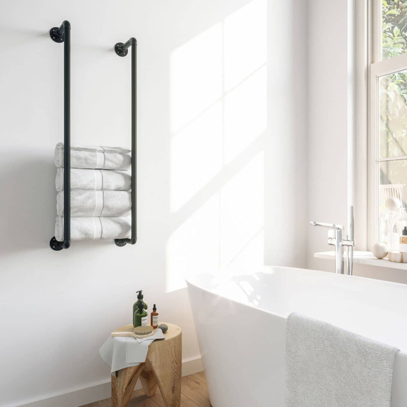 Porte-Serviettes Mural Réglable Avec Étages & Crochets - Longueur 40,5 à 81 Cm - Finition Noire Anti-Rouille - Pour Salle De Bain