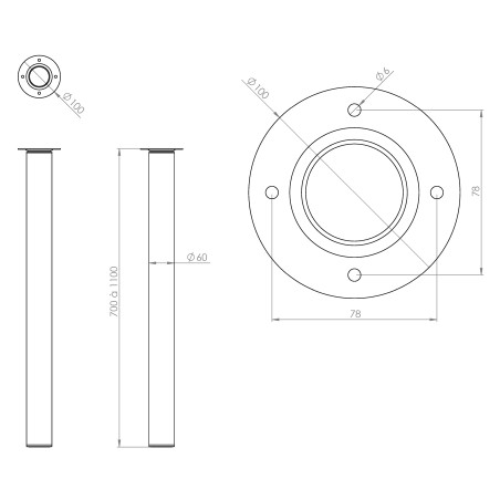 Pied Zoom rond acier nickelé brossé Ø50-60 mm H700-1100 mm