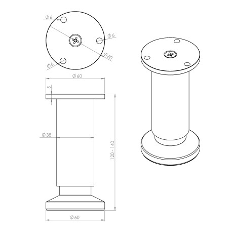 Pied de meuble réglable aluminium nickelé satiné Ø38 mm H120 mm