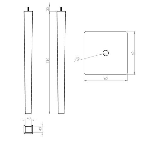 Pied de meuble trapèze hêtre brut 60x60 mm H710 mm