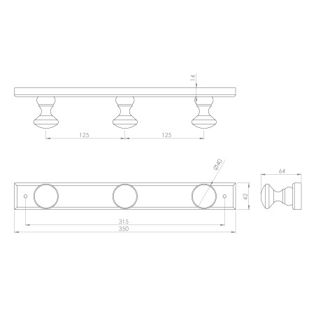 Patère Classic pin brut 3 têtes H350 mm