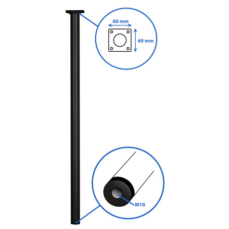 Pied de meuble rond acier noir Ø30 mm H700 mm M10