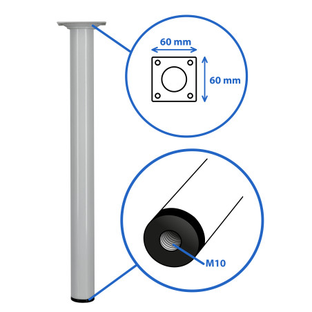 Pied de meuble rond acier blanc Ø30 mm H350 mm M10