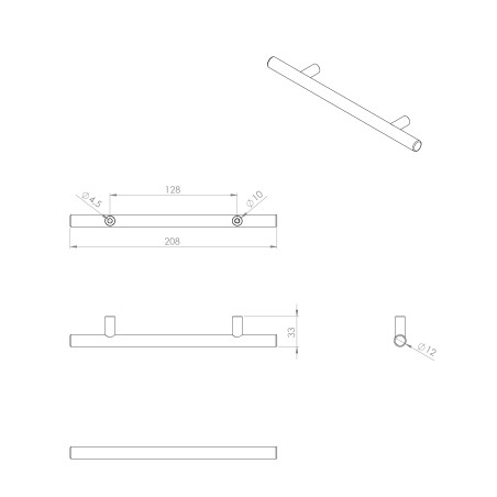Poignée barre acier inox brossé L207 mm entraxe 128 mm