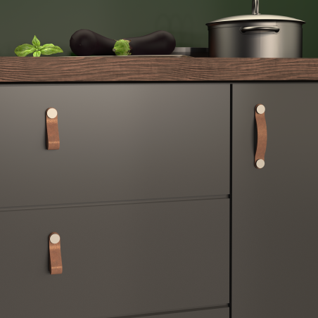 Bouton de meuble cuir brun et acier patiné H73 mm