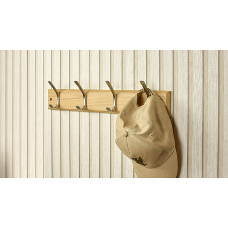Patère chêne 4 têtes et 4 crochets nickelés L450 mm