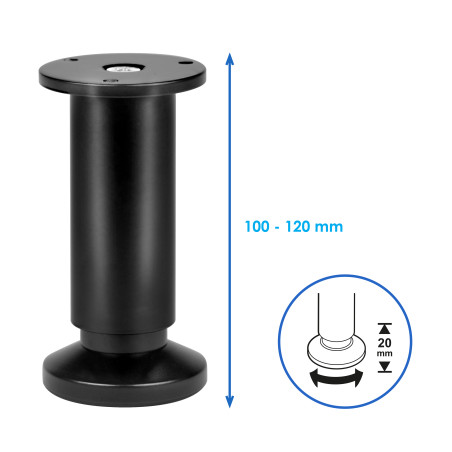 Pied de meuble réglable aluminium noir Ø38 mm H120 mm