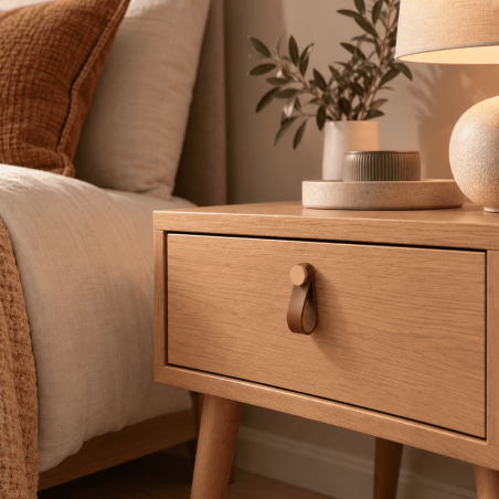 Table de chevet scandinave en bois et cuir