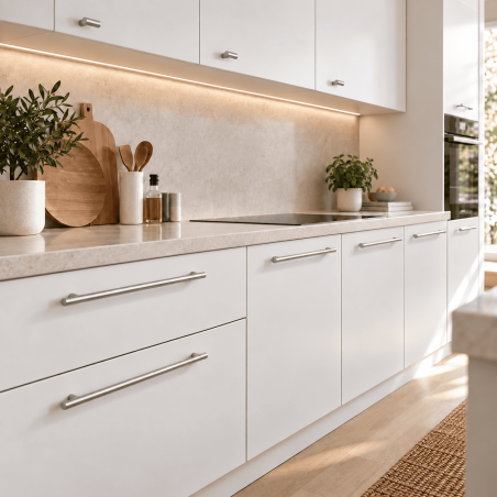 Cuisine scandinave lumineuse aux poignées métalliques