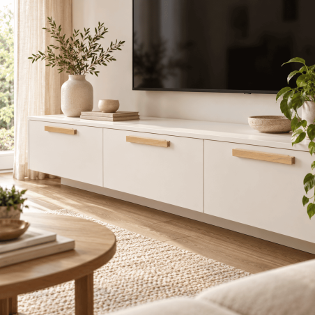 Salon scandinave avec meuble TV en bois clair