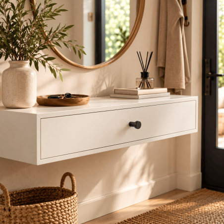 Entrée scandinave avec console flottante avec un bouton de tiroir noir