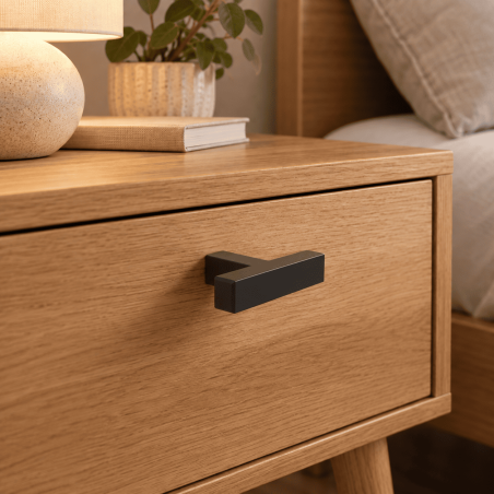 Table de chevet indus bois et bouton acier noir
