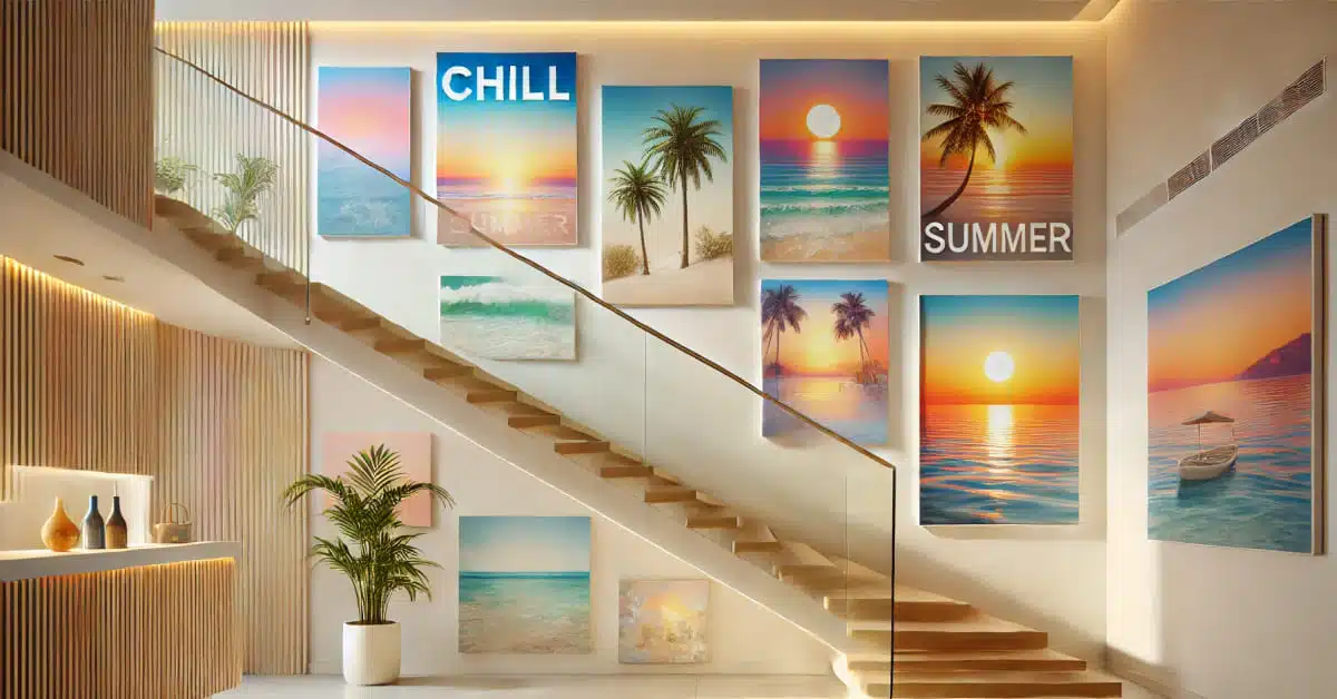 exemple de décoration murale avec des cadres dans un escalier