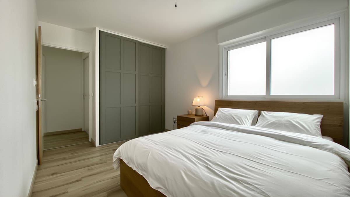 Chambre avec des portes de placard coulissantes moulurées