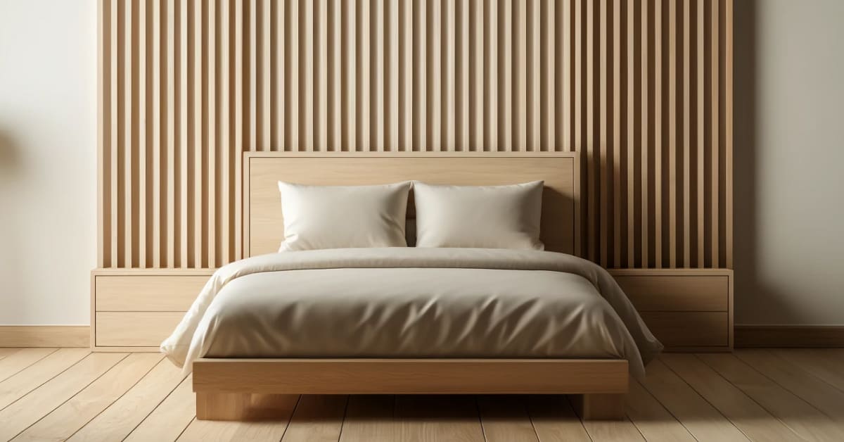 Chambre avec tête de lit en tasseaux bois