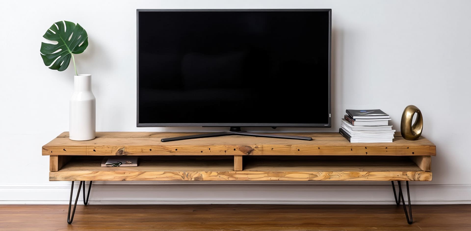 Meuble TV DIY bois et pieds en épingle métal noir