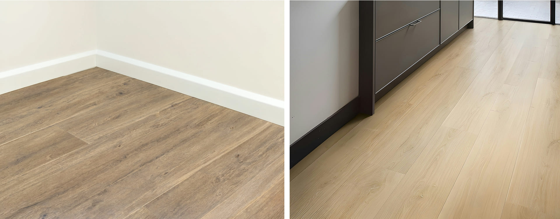 Plinthe blanche avec un carrelage imitation parquet
