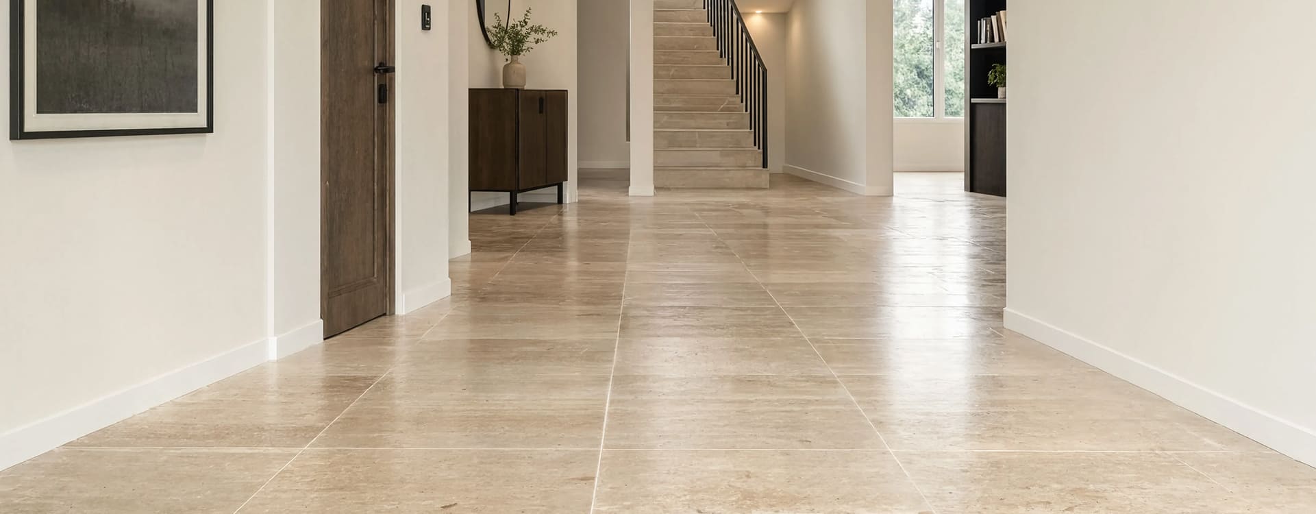 Plinthe blanche avec un carrelage travertin