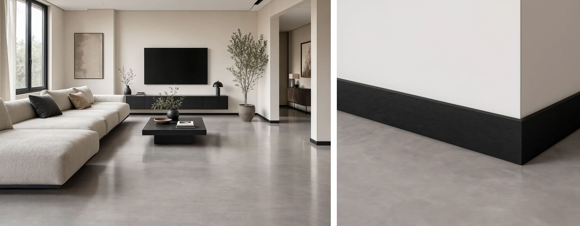 Plinthe noire MDF dans salon avec un sol gris