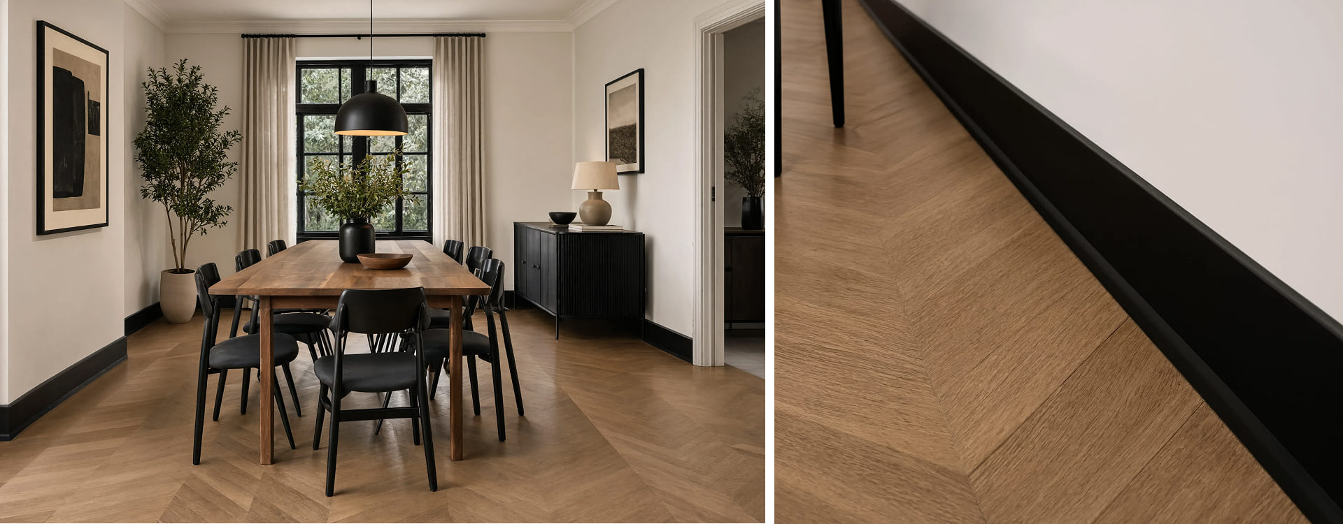 Plinthe noire avec un parquet en bois et un mur blanc