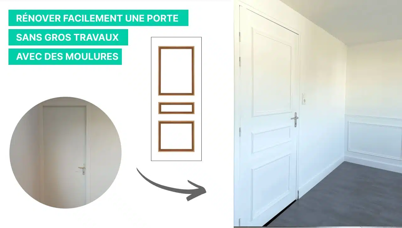 Avant après le relooking d'une porte avec des moulures en bois