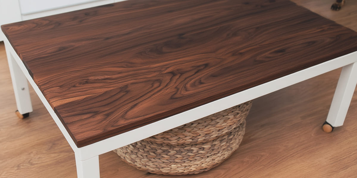 Table basse récupérée et pose d'un placage noyer